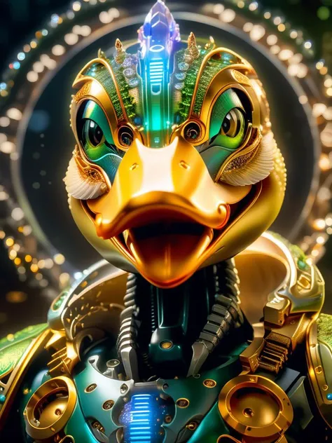 a HDR photograph of a Duck halo, intricate cyberpunk robot, highly detailed, soft bokeh, art by mooncryptowow and popular science <lora:wowifierXL:0.8>