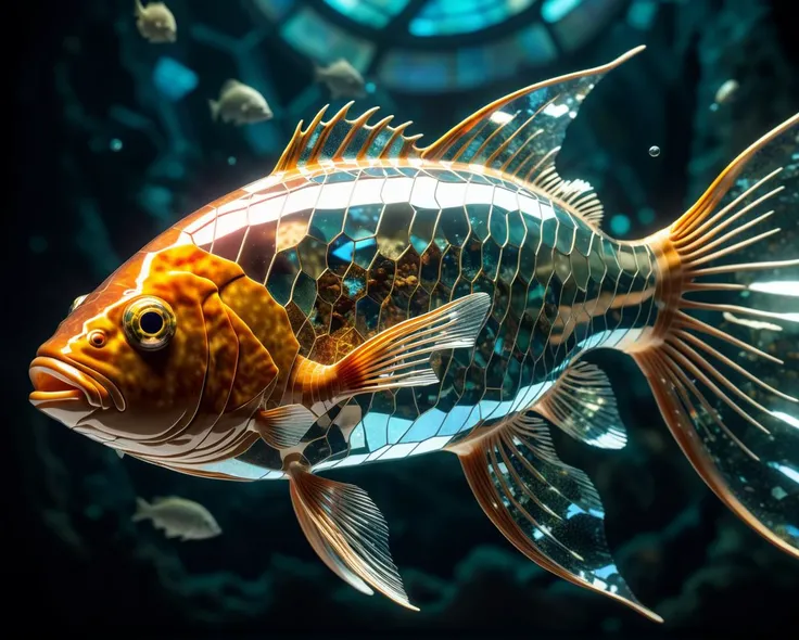 translucent fish made out of stained glass and pyrite, fantasy concept art, deep sea scenery, fractal cracked surface, artistic (double exposure by Dan Mountford:1.1), (mixed styles by Alberto Seveso and Gediminas Pranckevicius and Wadim Kashin:1.1), breathtaking intricate details, bokeh, dramatic natural lighting, reflective catchlights, cinematic, brilliant, sharp focus, fantastical and mysterious, maximalist masterwork by head of prompt engineering  <lora:add-detail-xl:1>  <lora:WowifierXL-V2:0.5>