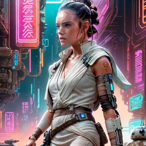 <lora:Rey:0.7> sksjedi, science fiction, rey skywalker wearing her white jakku outfit, <lora:wowifierXL:0.5> art by mooncryptowow