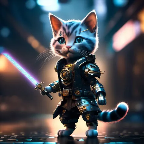 a HDR full body shot photograph of (((cutest young cyberpunk cyborg samourai cat intricate detail)))((dancing:1.2))((post-apocalyptic fiction background:1.2)), detailed eyes, soft bokeh, (atmospheric light), (sharpen light and shadow), <lora:wowifierXL:0.7> <lora:offset_0.2:0.4>