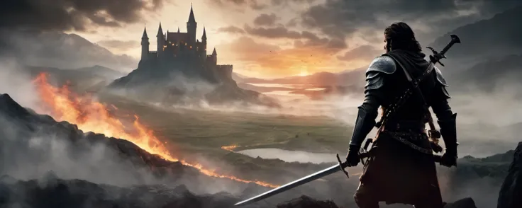 cinematic closeup warrior, with Master Sword in hand, journeying through a vast landscapes, a fierce battle rages on the horizon, the silhouette of a mystic evil medieval Castle overshadowed by a dark presence, fire burning, smoke filled sky, extreme details, volumetric lighting, cinematic scene, evening, evil presence, shrouded in dark mystery, full focus, 16k, UHD, HDR,  <lora:wowifierXL:0.3> <lora:offset_0.2:0.8>