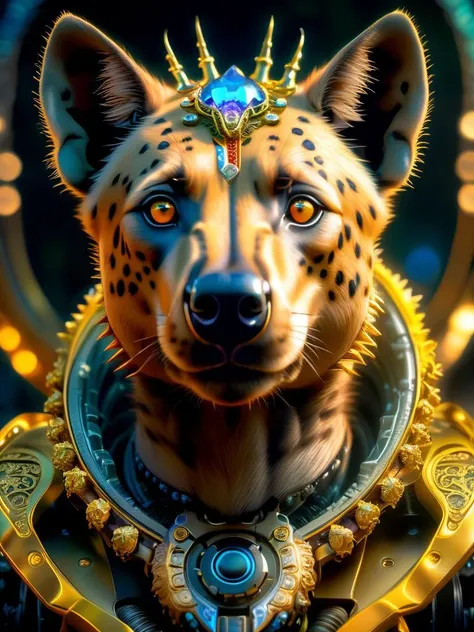 a HDR photograph of a hyena halo, intricate cyberpunk robot, highly detailed, soft bokeh, art by mooncryptowow and popular science <lora:wowifierXL:0.8>