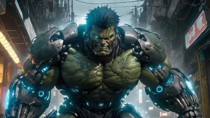 award wining professional comics cover illustration of  (full body, ultra high quality, ultra detailed, ultra realistic, realistic, genius masterpiece, wide angle, panoramic full scene)  of,(cybernetic psychokiller raging cyberpunk hulk in the world of cyberpunk 2077:1.6), green body, highlight crest on head and shaved temples, cheekbones, perfect hands and fingers, clunched fists, ultimate raging powerful  stance,full of cybernetic implants, hulk smash, explosions, shockwave ,sparkles of crakling electricity from broken ground, huge rain, flashing beacons ,wet muscular body, floating debris over the ground, broken ground in devasted futur tokyo street by night, max tac intervention, cops firing him, bullets rain on hulk, maximum rage, slow motion, bullet time pose, cyber implants hard surface structure,combination of carbon fiber and metallic paint,The ((chrome accents)) glisten under the meticulous ((studio lighting)), adding an extra layer of ((refinement)) to the overall composition,  glowing armor lights,precision of its ((aerodynamic design)) and ((tuned modifications)), Each spoke is meticulously rendered, capturing the reflection of the ((studio lighting)) and the ((rich textures)).   HDR (High Dynamic Range),Ray Tracing,NVIDIA RTX,Super-Resolution,Unreal 5,Subsurface scattering,PBR Texturing,Post-processing,Anisotropic Filtering,Depth-of-field,Maximum clarity and sharpness,Multi-layered textures,Albedo and Specular maps,Surface shading,Accurate simulation of light-material interaction,Perfect proportions,Octane Render,Two-tone lighting,Wide aperture,Low ISO,White balance,Rule of thirds,8K RAW,Efficient Sub-Pixel,sub-pixel convolution, mechanical parts,robot joints]:0.4> ,Movie Still, Film Still, Cinematic, Cinematic Shot, Cinematic Lighting, <lora:wowifierXL:0.8> art by mooncryptowow
