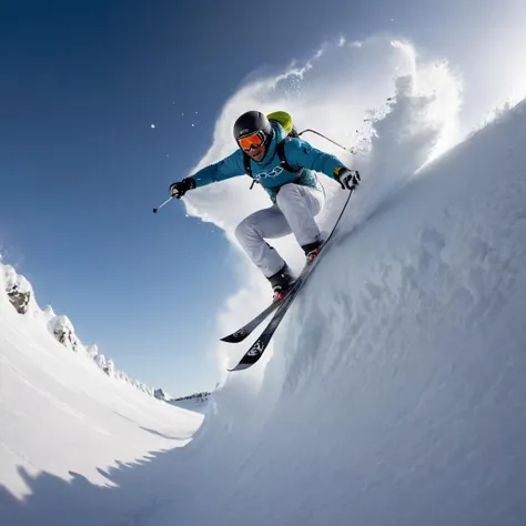closed shot, short skier jumping over the camera, big snow wave, dynamic angle, soft lighting, subsurface scattering, heavy shadow, soft focus, <lora:wowifierXL:1>