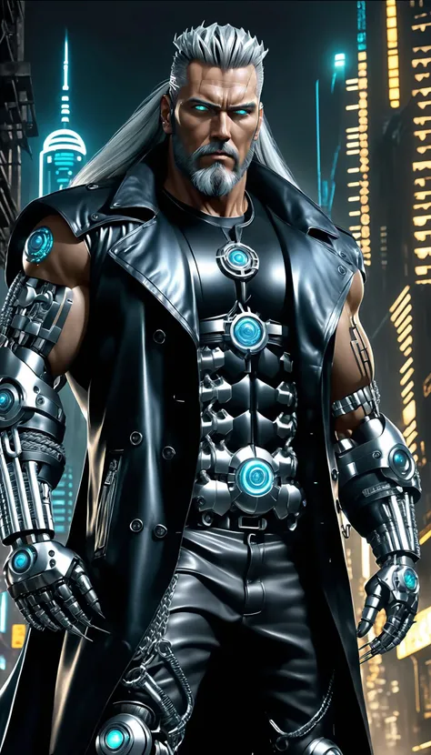 <lora:add-detail-xl:1.4> <lora:wowifier-xl:0.7>, muted colors, stormy night, cyberpunk, a (5 meter tall:1.2) 50 year old male viking (giant:1.2) wearing a (long black sleeveless leather trenchcoat:1.8) and dwarfing everything in his vicinity, enormous (symmetrical:1.4) muscular (chrome plated:1.5) cybernetic arms, chrome plated cybernetic torso, (long white hair:1.1), a (braided beard:1.5) and detailed cybernetic eyes, (leather clothes:1.2), sharp focus, extremely detailed, in a desolate cyberpunk cityscape (at night:1.3), military grade cybernetic implants, masterpiece, best quality, realistic, 8k, absurdres, ultra highres, realistic light and shadow, bright eyes, fluorescent eyes, art by mooncryptowow