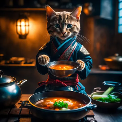 a HDR full body shot photograph of (((cutest young smiling samourai cat intricate detail)))((cooking fish soup:1.2)), ((intricate cyberpunk cyborg:1.2)), detailed eyes, soft bokeh, (atmospheric light), (sharpen light and shadow), <lora:wowifierXL:0.7> <lora:offset_0.2:0.4>