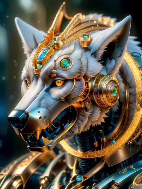 a HDR photograph of a wolf halo, intricate cyberpunk robot, highly detailed, soft bokeh, art by mooncryptowow and popular science <lora:wowifierXL:0.8>