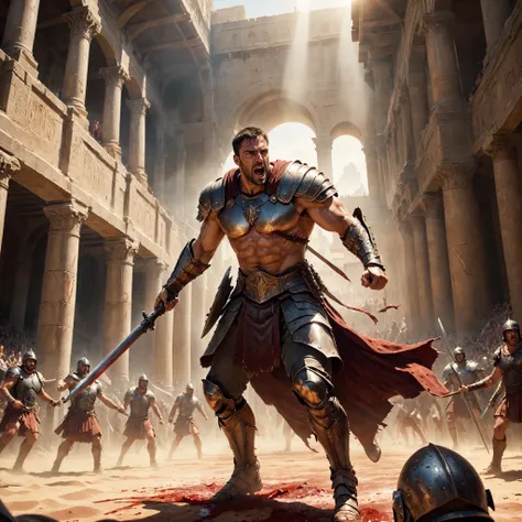 (masterpiece, high resolution:1.3), (gladiator:1.2), muscular fighter, (bronze armor:1.1), (blood-stained sword:1.2), (ferocious expression:1.2), battling in the arena, (sandy floor:1.1), (dusty atmosphere:1.2), (sunlight streaming through the arches:1.1), (spectators cheering:1.2), (grand architecture:1.2), (crumbling pillars:1.1), (intense action:1.1), (dynamic pose:1.2), (sweat dripping:1.2), (determined eyes:1.1), (torn cape:1.2), (triumphant victory:1.1), (roaring crowd:1.2), (epic scale:1.2) <lora:wowifierXL:0.3> art by mooncryptowow