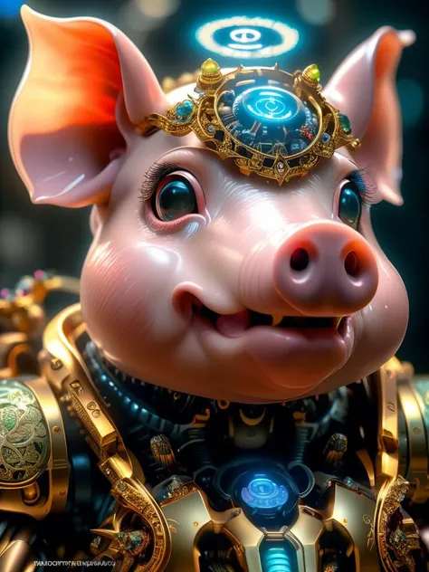 a HDR photograph of a pig halo, intricate cyberpunk robot, highly detailed, soft bokeh, art by mooncryptowow and popular science <lora:wowifierXL:0.8>
