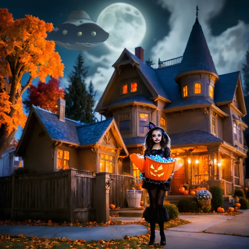 A young woman dressed for halloween, holding a huge bucket of candy standing in front of a house. In the back ground are houses decorated for halloween including huge lit carved pumpkins as well as buckets full of candy in front of there front door. An fantastic fall evening just before night. A full moon. BREAK. A alien spaceship flying past houses.<lora:add-detail-xl:0.8> <lora:add_saturation:0.8> <lora:wowifierXL:0.8>