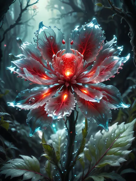 a crystalline and translucent bioluminescent red flower, hyper realistic style, intricate petals, delicate interplay of light and crystal structure, magical glow, soft cinematic lighting, vivid color, volumetric lighting, trend on artstation , intricate details and textures with iridescent colors that reflect dynamic internal lighting, digital artwork, magical forest background, <lora:xl_more_art-full_v1:0.5>, art by mooncryptowow <lora:WowifierXL-V2:0.5>