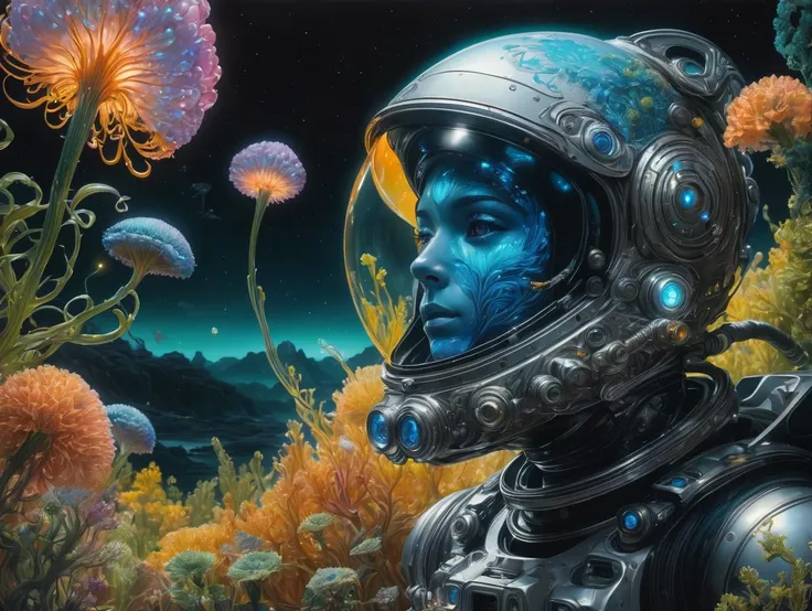 An image of a mesmerized astronaut encountering alien life form, illuminated by bioluminescent flora, extremely detailed, ultra realistic, 10k high resolution, in the style of gouache, graffiti art, glass blowing, influenced by Art Nouveau, Dadaism, and Futurism, art by mooncryptowow, <lora:wowifierXL:0.5>