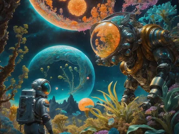 An image of a mesmerized astronaut encountering alien life form, illuminated by bioluminescent flora, extremely detailed, ultra realistic, 10k high resolution, in the style of gouache, graffiti art, glass blowing, influenced by Art Nouveau, Dadaism, and Futurism, art by mooncryptowow, <lora:wowifierXL:0.5>