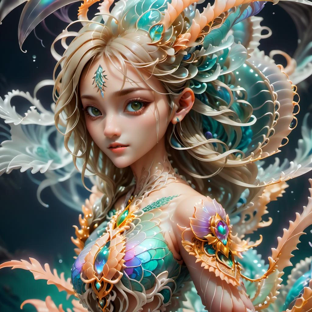 Legend of Zelda style A fantasy creature,Jellyfish + Dragon,underwater dragon,hybrid,8k,beautiful lighting,up close,digital art,intricate details,negative space,iridescent,<lora:Scifi-wowifierXL:1>,1girl . Vibrant, fantasy, detailed, epic, heroic, reminiscent of The Legend of Zelda series