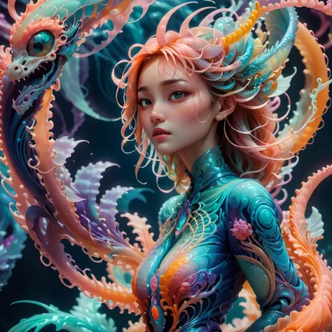 Psychedelic style A fantasy creature,Jellyfish + Dragon,underwater dragon,hybrid,8k,beautiful lighting,up close,digital art,intricate details,negative space,iridescent,<lora:Scifi-wowifierXL:0.8>,1girl . Vibrant colors, swirling patterns, abstract forms, surreal, trippy