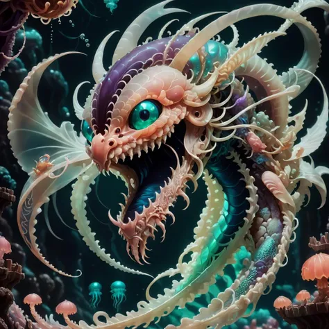 Retro arcade style A fantasy creature,Jellyfish + Dragon,underwater dragon,hybrid,8k,beautiful lighting,up close,digital art,intricate details,negative space,iridescent,<lora:Scifi-wowifierXL:1>, . 8-bit, pixelated, vibrant, classic video game, old school gaming, reminiscent of 80s and 90s arcade games