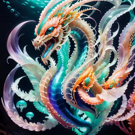 Pop Art style A fantasy creature,Jellyfish + Dragon,underwater dragon,hybrid,8k,beautiful lighting,up close,digital art,intricate details,negative space,iridescent,<lora:Scifi-wowifierXL:1>, . Bright colors, bold outlines, popular culture themes, ironic or kitsch