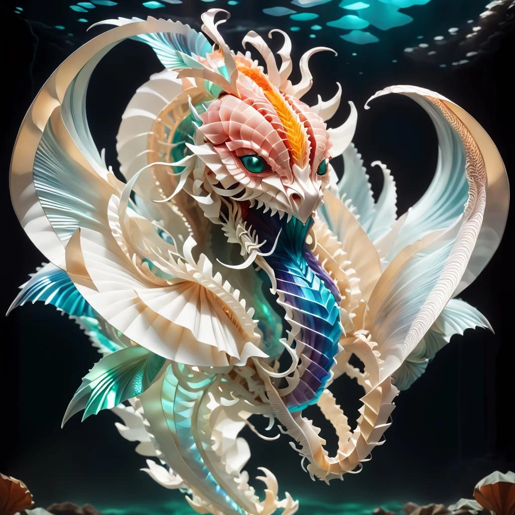 origami style A fantasy creature,Jellyfish + Dragon,underwater dragon,hybrid,8k,beautiful lighting,up close,digital art,intricate details,negative space,iridescent,<lora:Scifi-wowifierXL:1>, . paper art, pleated paper, folded, origami art, pleats, cut and fold, centered composition