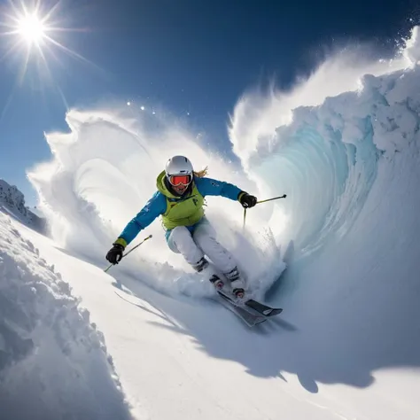 closed shot, skier jumping over the camera, big snow wave, dynamic angle, soft lighting, subsurface scattering, heavy shadow, soft focus,  <lora:wowifierXL:1>
