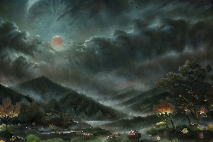 (masterpiece:1.2, best quality), (ultra-detailed), (illustration), (ultra highres), (delicate illustration), (hyper-detailed), (super detail:1.3), professional lighting, cinematic lighting, (nostalgia and peacefulness:1.3), professional (landscape painting) of natures, moon lighting, moon light on trees leaves, (dark cloud, dark night, full moon, dark lighting)