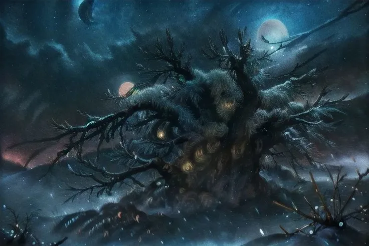 (masterpiece:1.2, best quality), (ultra-detailed), (illustration), (ultra highres), (delicate illustration), (hyper-detailed), (super detail:1.3), professional lighting, cinematic lighting, (nostalgia and peacefulness:1.3), professional (landscape painting) of natures, moon lighting, moon light on trees leaves, (dark cloud, dark night, full moon, dark lighting), snow, winter, wind, winter wind