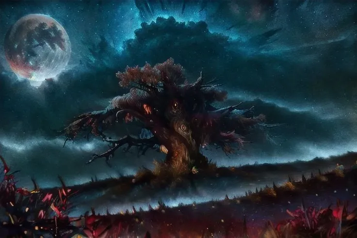 (masterpiece:1.2, best quality), (ultra-detailed), (illustration), (ultra highres), (delicate illustration), (hyper-detailed), (super detail:1.3), professional lighting, cinematic lighting, (nostalgia and peacefulness:1.3), professional (landscape painting) of natures, moon lighting, moon light on trees leaves, (dark cloud, dark night, full moon, dark lighting)