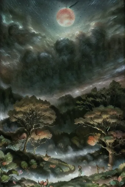 (masterpiece:1.2, best quality), (ultra-detailed), (illustration), (ultra highres), (delicate illustration), (hyper-detailed), (super detail:1.3), professional lighting, cinematic lighting, (nostalgia and peacefulness:1.3), professional (landscape painting) of natures, moon lighting, moon light on trees leaves, (dark cloud, dark night, full moon, dark lighting)