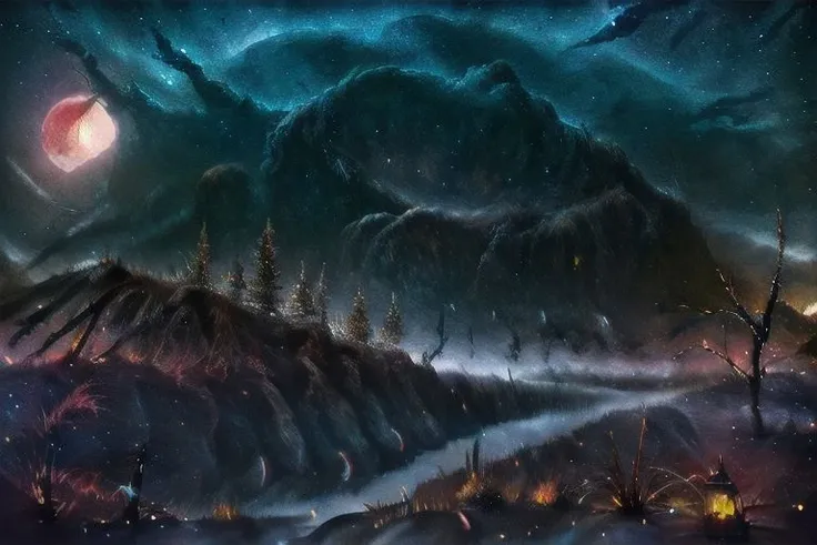 (masterpiece:1.2, best quality), (ultra-detailed), (illustration), (ultra highres), (delicate illustration), (hyper-detailed), (super detail:1.3), professional lighting, cinematic lighting, (nostalgia and peacefulness:1.3), professional (landscape painting) of natures, moon lighting, moon light on trees leaves, (dark cloud, dark night, full moon, dark lighting), snow, winter, wind, winter wind
