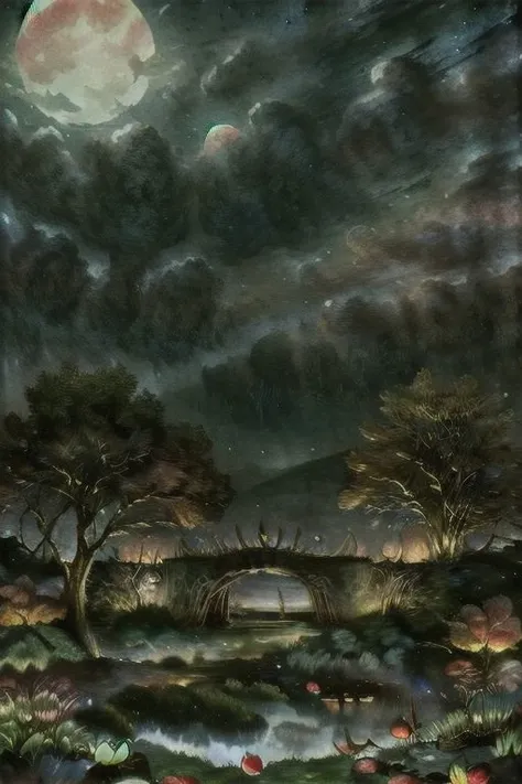 (masterpiece:1.2, best quality), (ultra-detailed), (illustration), (ultra highres), (delicate illustration), (hyper-detailed), (super detail:1.3), professional lighting, cinematic lighting, (nostalgia and peacefulness:1.3), professional (landscape painting) of natures, moon lighting, moon light on trees leaves, (dark cloud, dark night, full moon, dark lighting)
