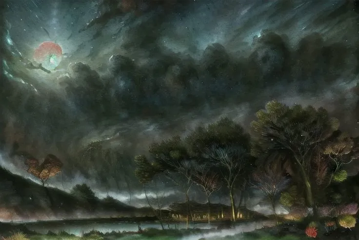 (masterpiece:1.2, best quality), (ultra-detailed), (illustration), (ultra highres), (delicate illustration), (hyper-detailed), (super detail:1.3), professional lighting, cinematic lighting, (nostalgia and peacefulness:1.3), professional (landscape painting) of natures, moon lighting, moon light on trees leaves, (dark cloud, dark night, full moon, dark lighting)