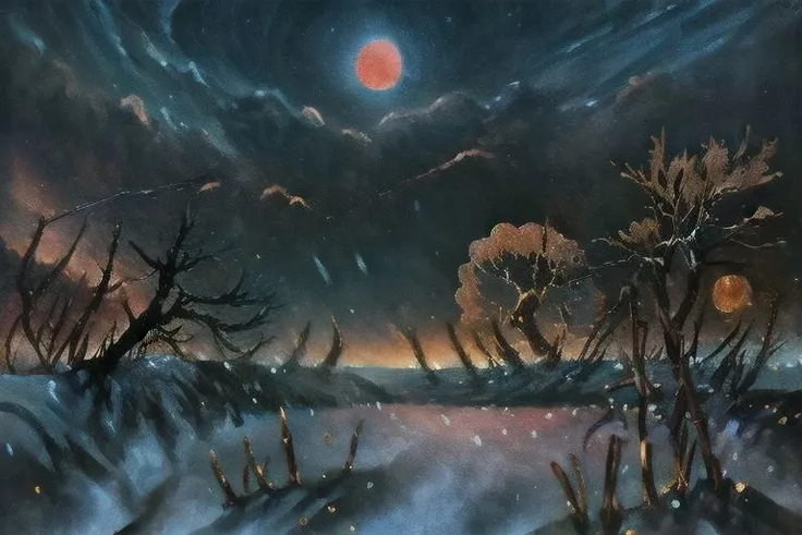 (masterpiece:1.2, best quality), (ultra-detailed), (illustration), (ultra highres), (delicate illustration), (hyper-detailed), (super detail:1.3), professional lighting, cinematic lighting, (nostalgia and peacefulness:1.3), professional (landscape painting) of natures, moon lighting, moon light on trees leaves, (dark cloud, dark night, full moon, dark lighting), snow, winter, wind, winter wind