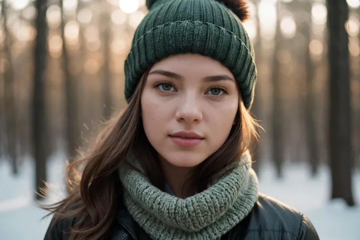 (Fashion Photography, Award Winning), photograph, RAW photo, DV_Lina_Vicious, (standing in forest, sun flares from back, winter, cold), ((wearing winter ski jacket, woolly hat, scarf)) ((mint green feathered haircut hair)), by Steve McCurry, 35mm, F/2.8, ((Photo Focus, DOF, Aperture, insanely detailed and intricate, hypermaximalist, beautiful, revealing, appealing, attractive, hyper realistic, super detailed))(DOF, blurry background), relief, epiCRealism, epiCPhoto, <lora:zoom_slider_v1:-1.0>