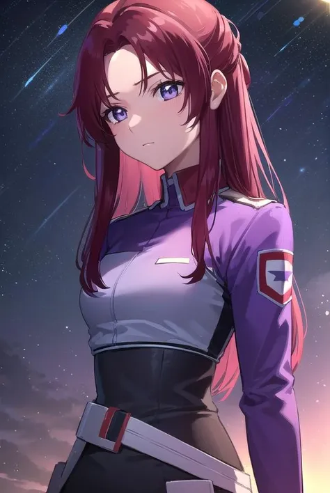 flayallster, flay allster, long hair, (purple eyes:1.1), red hair, medium hair, (parted bangs:1.5), ponytail,
BREAK skirt, gloves, jacket, white gloves, black skirt, uniform, military, military uniform, side slit, pencil skirt,
BREAK looking at viewer, (cowboy shot:1.5),
BREAK outdoors, space, star \(sky\), sun, 
BREAK (masterpiece:1.2), best quality, high resolution, unity 8k wallpaper, (illustration:0.8), (beautiful detailed eyes:1.6), extremely detailed face, perfect lighting, extremely detailed CG, (perfect hands, perfect anatomy),