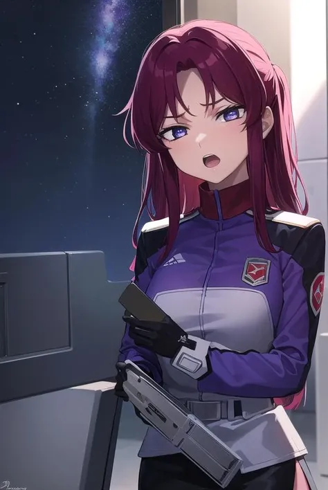 flayallster, <lora:flayallster-lora-nochekaiser:1>,
flay allster, long hair, (purple eyes:1.1), red hair, medium hair, (parted bangs:1.5), ponytail, <lora:gekioko_v200:1>, angry, open mouth,
BREAK skirt, gloves, jacket, white gloves, black skirt, uniform, military, military uniform, side slit, pencil skirt,
BREAK looking at viewer, (cowboy shot:1.5),
BREAK outdoors, space, star \(sky\), sun,
BREAK <lyco:GoodHands-beta2:1>, (masterpiece:1.2), best quality, high resolution, unity 8k wallpaper, (illustration:0.8), (beautiful detailed eyes:1.6), extremely detailed face, perfect lighting, extremely detailed CG, (perfect hands, perfect anatomy),