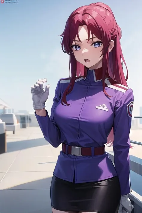 flayallster, <lora:flayallster-lora-nochekaiser:1>,
flay allster, long hair, (purple eyes:1.1), red hair, medium hair, (parted bangs:1.5), ponytail, <lora:gekioko_v200:1>, angry, open mouth,
BREAK skirt, gloves, jacket, white gloves, black skirt, uniform, military, military uniform, side slit, pencil skirt,
BREAK looking at viewer, (cowboy shot:1.5),
BREAK outdoors, space, star \(sky\), sun, 
BREAK <lyco:GoodHands-beta2:1>, (masterpiece:1.2), best quality, high resolution, unity 8k wallpaper, (illustration:0.8), (beautiful detailed eyes:1.6), extremely detailed face, perfect lighting, extremely detailed CG, (perfect hands, perfect anatomy),