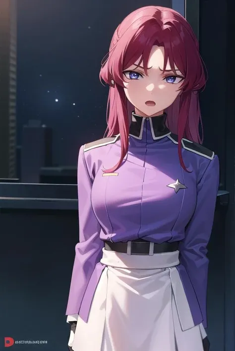 flayallster, <lora:flayallster-lora-nochekaiser:1>,
flay allster, long hair, (purple eyes:1.1), red hair, medium hair, (parted bangs:1.5), ponytail, <lora:gekioko_v200:1>, angry, open mouth,
BREAK skirt, gloves, jacket, white gloves, black skirt, uniform, military, military uniform, side slit, pencil skirt,
BREAK looking at viewer, (cowboy shot:1.5),
BREAK outdoors, space, star \(sky\), sun, 
BREAK <lyco:GoodHands-beta2:1>, (masterpiece:1.2), best quality, high resolution, unity 8k wallpaper, (illustration:0.8), (beautiful detailed eyes:1.6), extremely detailed face, perfect lighting, extremely detailed CG, (perfect hands, perfect anatomy),