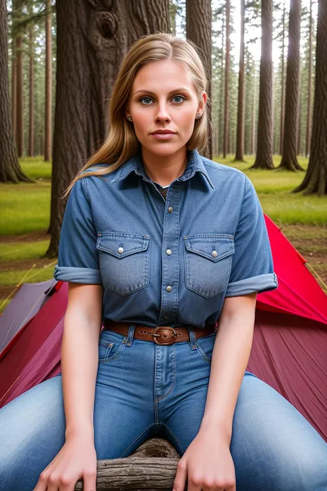 <lora:britteklund:1>portrait photo of britteklund, 23 year old decent woman, fully clothed, camping in the woods, tack sharp, 4k, DSLR, flirting with the viewer