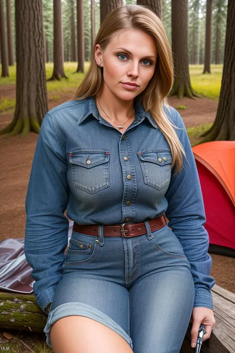 <lora:britteklund:1>portrait photo of britteklund, 23 year old decent woman, fully clothed, camping in the woods, tack sharp, 4k, DSLR, flirting with the viewer