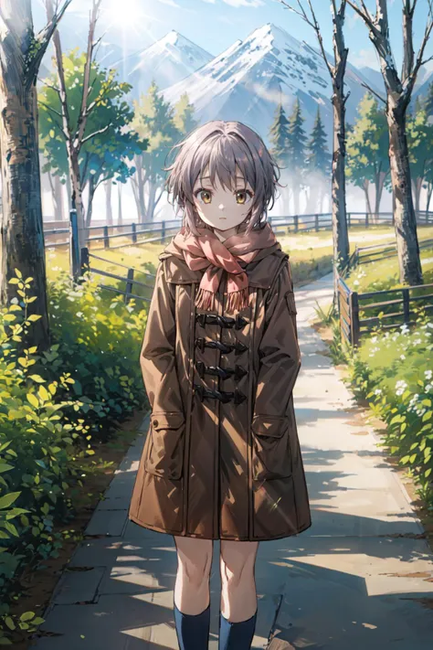 (masterpiece),(best quality), <lora:NagatoYuki:0.9>, yuki, brown coat, scarf, kneehighs, blank eyes, inexpressive face, outdoors, mountain, sunlight, sun, forest, looking at the viewer, <lora:Velvia1:0.6>, <lora:Adddetail:0.8>