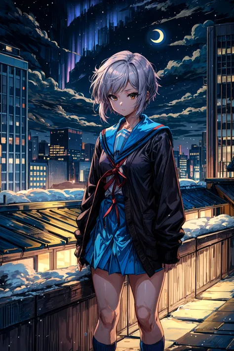 (masterpiece),(best quality), <lora:NagatoYuki:0.8>, yuki, winter uniform, cardigan, kneehighs, blue skirt, serafuku, inexpressive, rooftop, aurora, building, city lights, cityscape, cloud, constellation, crescent moon, milky way, night sky, outdoors, scenery, skyline, skyscraper, snow, snowing, winter <lora:Adddetail:0.8>