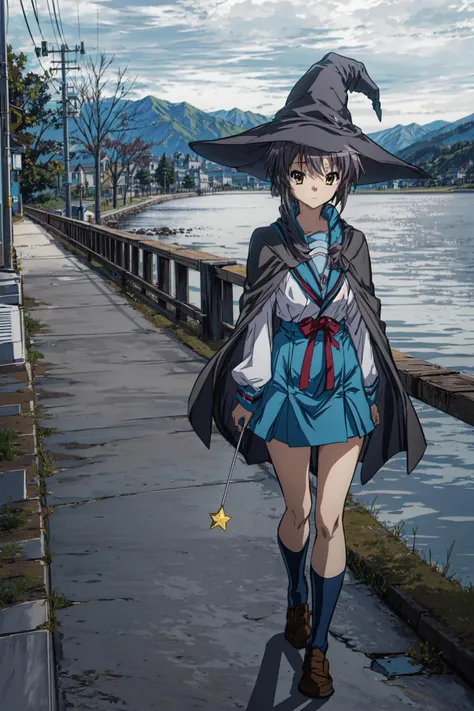 (masterpiece),(best quality), <lora:NagatoYuki:0.8>, yuki,witch hat, witch cape, summer uniform, kneehighs, loafers, wand,  on a bridge, close, outside, japanese castle far away, lake, persistent stare, mountains, <lora:Adddetail:0.8>, <lora:Haruhistyle:0.8> kyoani haruhi style