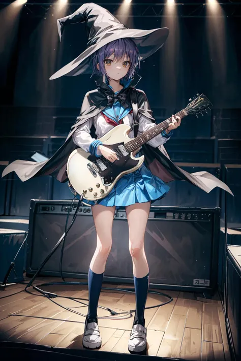 (masterpiece),(best quality), <lora:NagatoYuki:0.8>, yuki,witch hat, witch cape, summer uniform, kneehighs, guitar, playing instrument, standing, blank eyes, inexpressive face, lighting projection, stage, stage scene, <lora:Adddetail:0.8>
