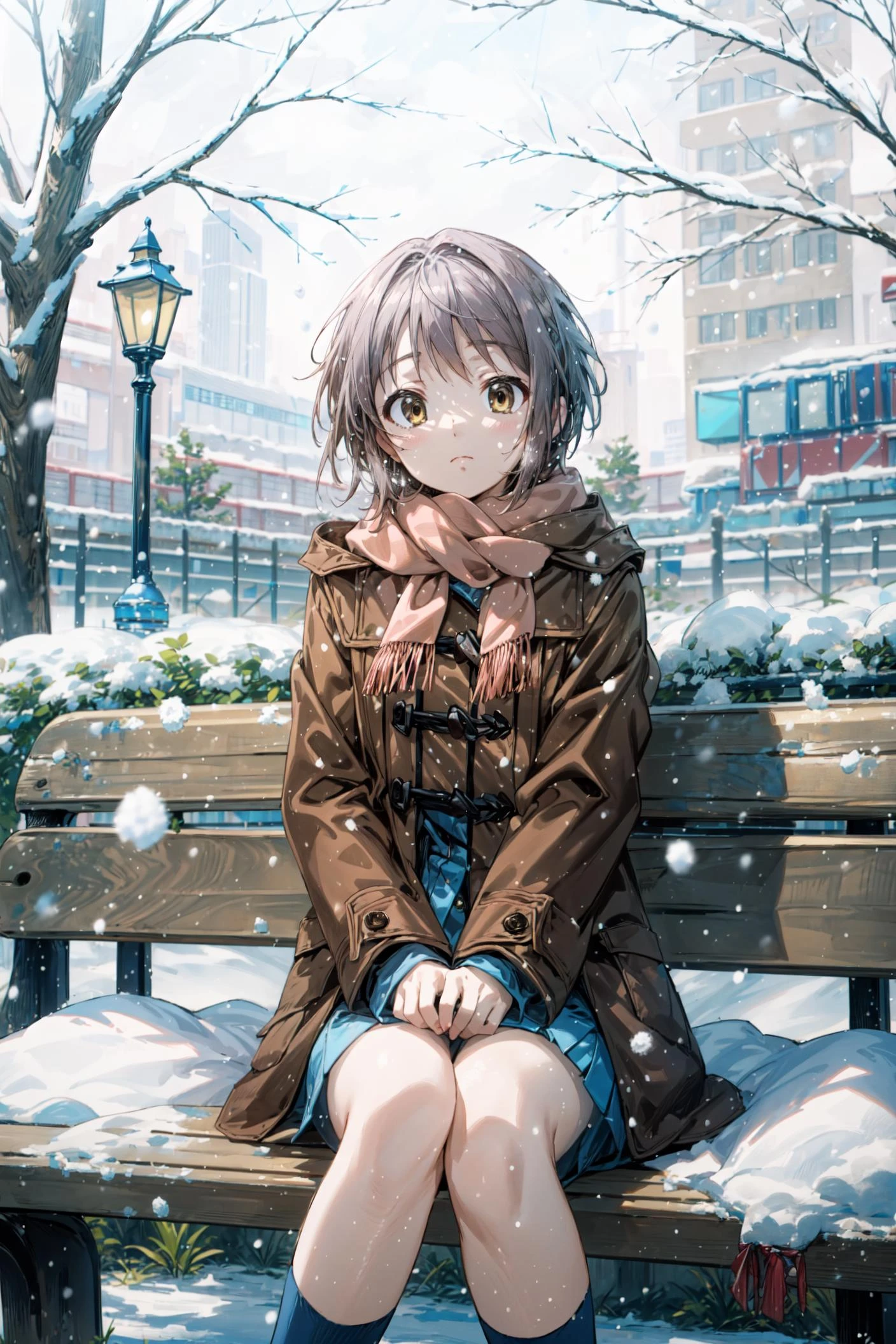 (masterpiece),(best quality), <lora:NagatoYuki:0.9>, yuki, brown coat, scarf, kneehighs, blank eyes, inexpressive face, park, waiting, bench, snow, snowing, tree, nature, <lora:Velvia1:0.6>, <lora:Adddetail:0.8>
