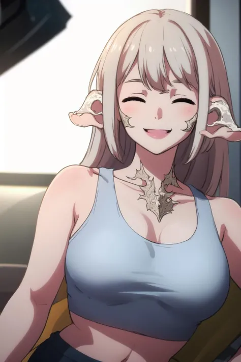 (highres, high quality:1.1), 1girl, (v:1.1), smile, closed eyes, white au ra, midriff, tank top
<lora:AuRa:1>