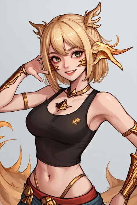 (highres, high quality:1.1), 1girl, (v:1.1), smile, wide-eyed, gold au ra, midriff, tank top
<lora:AuRa:1>