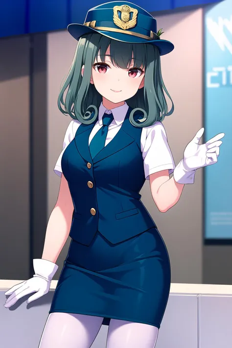 (masterpiece, best quality), highly detailed background, perfect lightingbest quality, shinomiyarisa, solo, outdoors, city, policewoman, police hat, blue headwear, green hair, hair intakes, blunt bangs, curly hair, medium hair, red eyes, medium breasts, white shirt, blue vest, blue necktie, short sleeves, white gloves, blue skirt, miniskirt, pencil skirt, black pantyhose, police uniform, smile, closed mouth, :), pink lips, <lora:Shinomiya-Risa:0.7>
