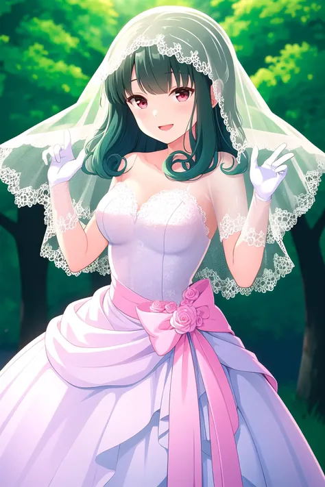 (masterpiece, best quality), highly detailed background, perfect lightingbest quality, shinomiyarisa, solo, outdoors, bridal veil, green hair, hair intakes, blunt bangs, curly hair, medium hair, red eyes, medium breasts, wedding dress, white dress, white gloves, frilled skirt, smile, open mouth, :d, pink lips, <lora:Shinomiya-Risa:0.7>