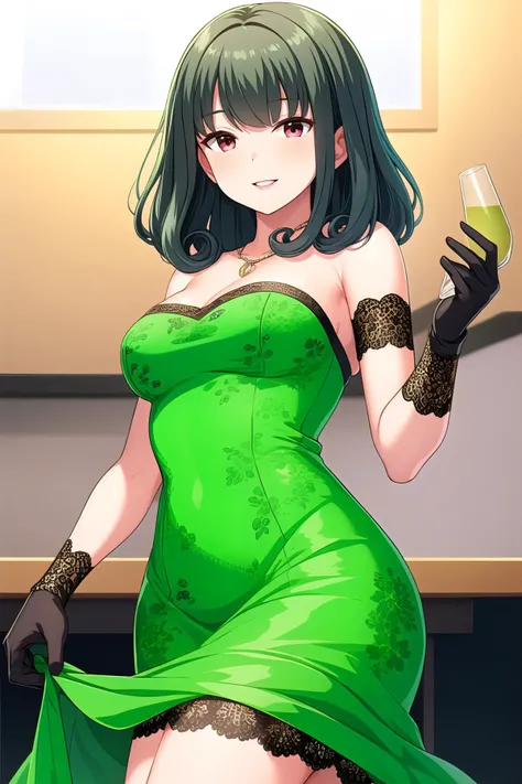 (masterpiece, best quality), highly detailed background, perfect lightingbest quality, shinomiyarisa, solo, indoors, green hair, hair intakes, blunt bangs, curly hair, medium hair, red eyes, medium breasts, necklace, jewelry, green dress, strapless dress, lace-trimmed dress, frilled dress, floral print, lace trim, cleavage, bare shoulders, black gloves, lace-trimmed gloves, lace gloves, smile, closed mouth, parted lips, pink lips, <lora:Shinomiya-Risa:0.7>