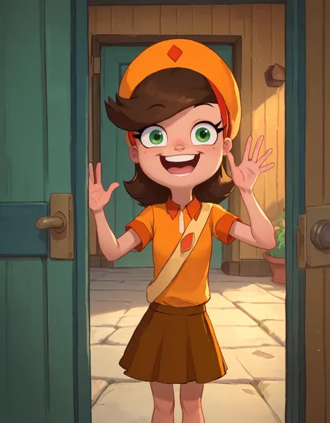 score_9, score_8_up, score_7_up, score_6_up, score_5_up, score_4_up, adyson, brown hair, hat, green eyes, skirt cute, flirting, happy, joy, excited, waving at you, looking at you, at the door, from outside,  <lora:Adyson_Sweetwater_Phineas_and_Ferb:1>, ZPDXL