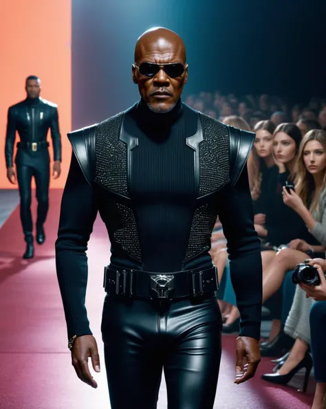 Hyperrealistic and heavy detailed fashion runway show inspired by Nick Fury, detailed face, real, atmospheric, sharp, 8k, Canon50, leica sl250, detailed skin, high textured, maximalist, atmospheric, raytracing, real life<lora:weird_runway:1.0>